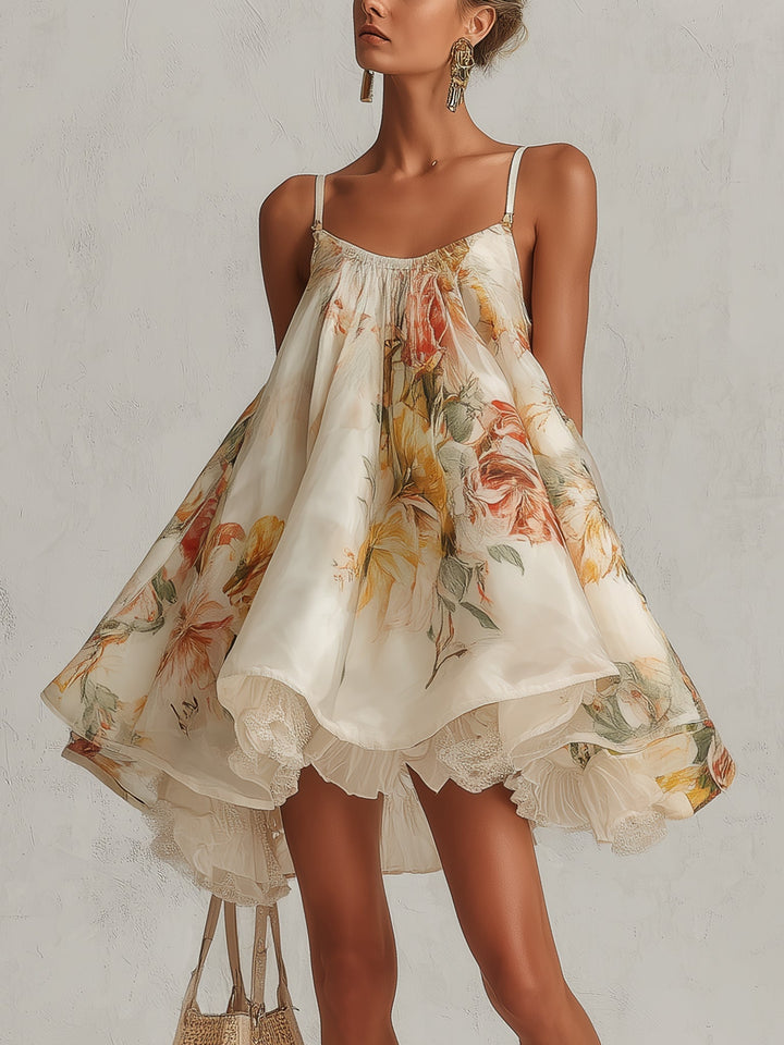 Beige floral organza A-line mini dress with lace trim