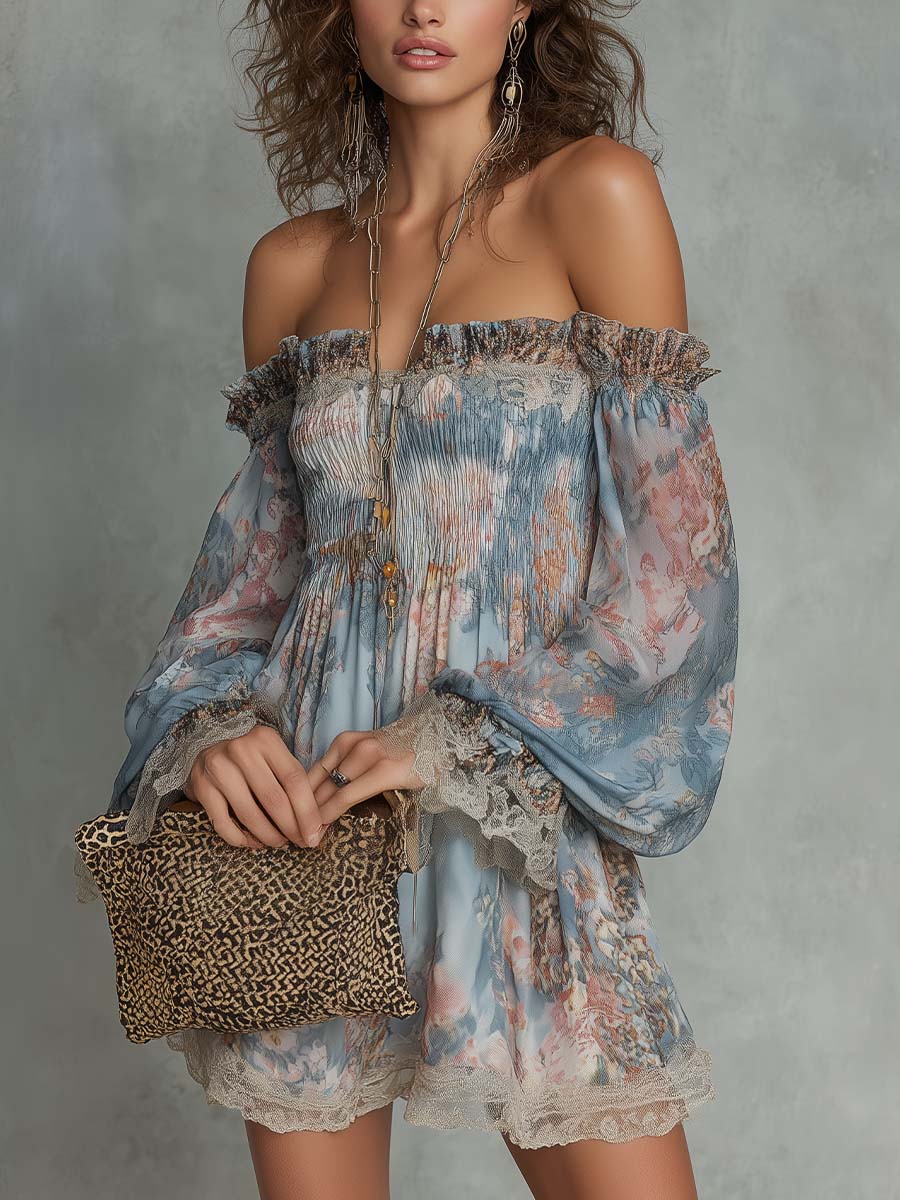 Romantic Floral Off-Shoulder Ruched Mini Dress