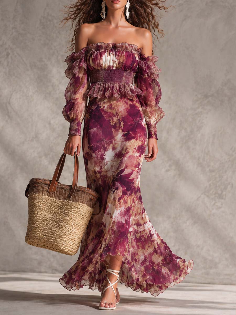 Rose Pink Floral Off-Shoulder Maxi Dress
