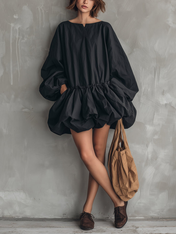 Casual Round-Neck Long-Sleeve Mini Dress with Ruffled Hem