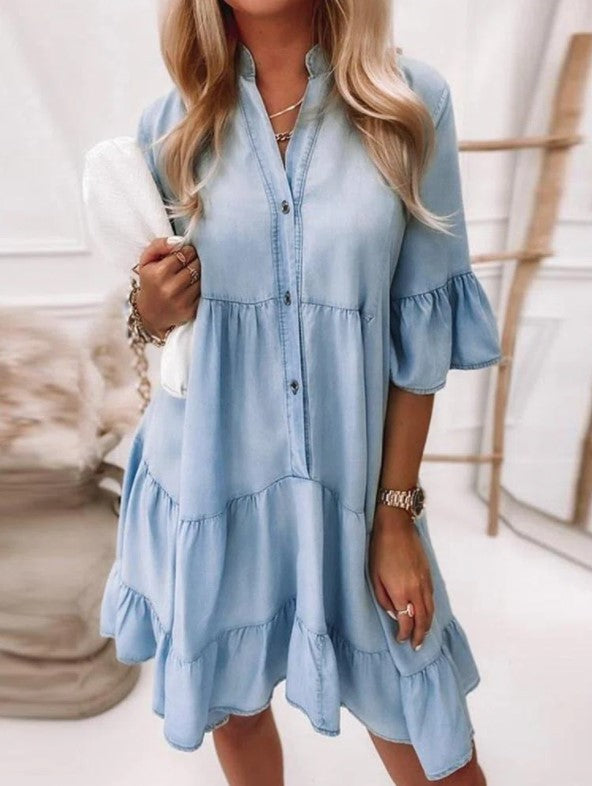Solid-Color Washed Cotton A-Line Midi Denim Dress with Half Sleeves