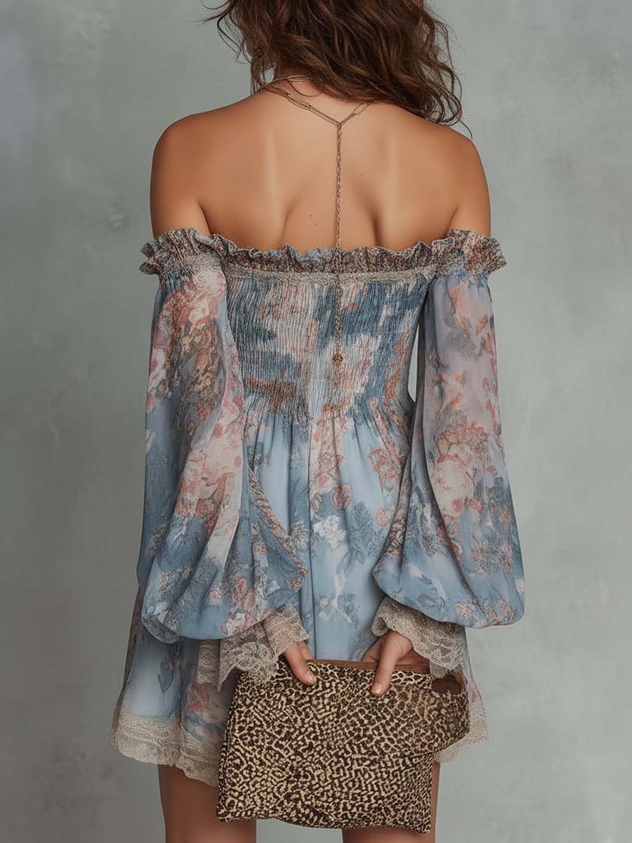 Romantic Floral Off-Shoulder Ruched Mini Dress
