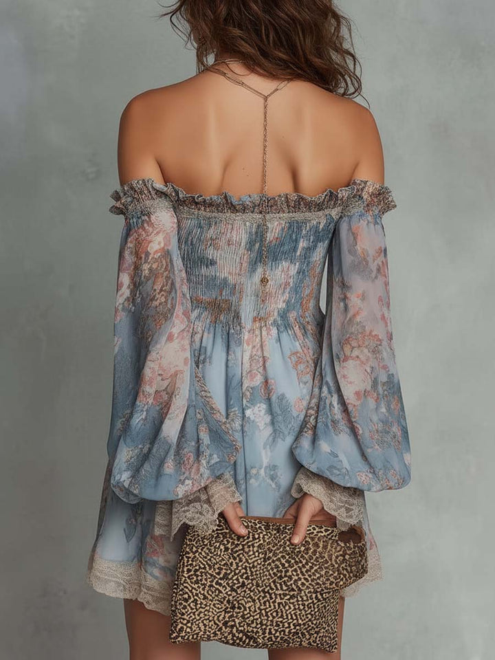 Romantic Floral Off-Shoulder Ruched Mini Dress