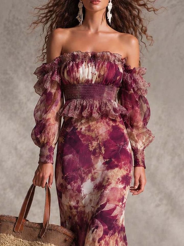 Rose Pink Floral Off-Shoulder Maxi Dress