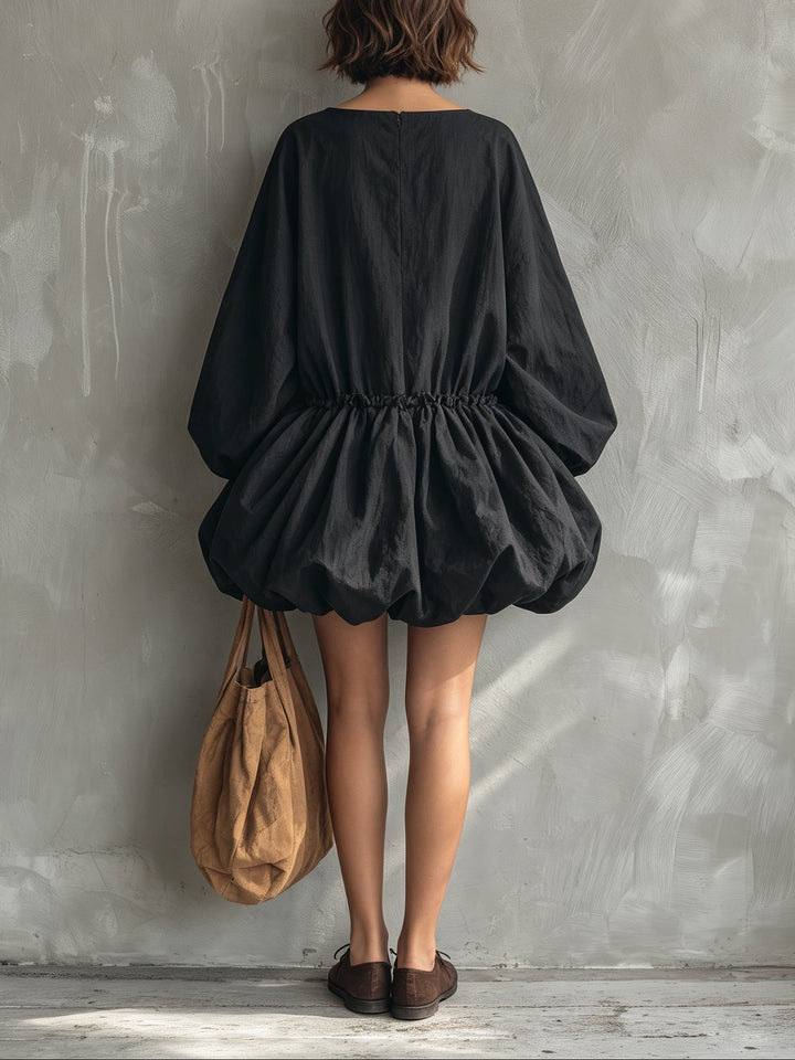 Casual Round-Neck Long-Sleeve Mini Dress with Ruffled Hem
