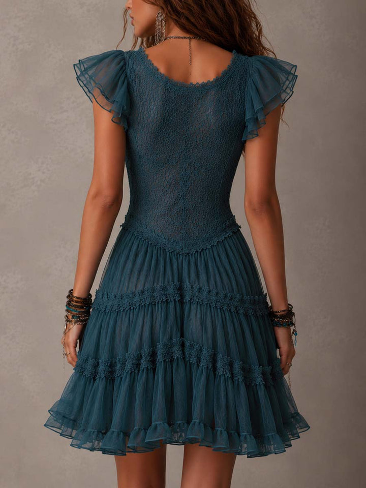 Retro Blue Lace & Chiffon Ruffled Mini Dress