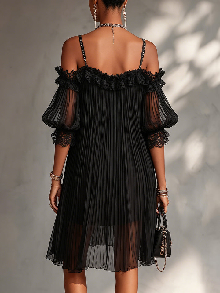 Black Off-Shoulder Mini Dress with Lace Trim