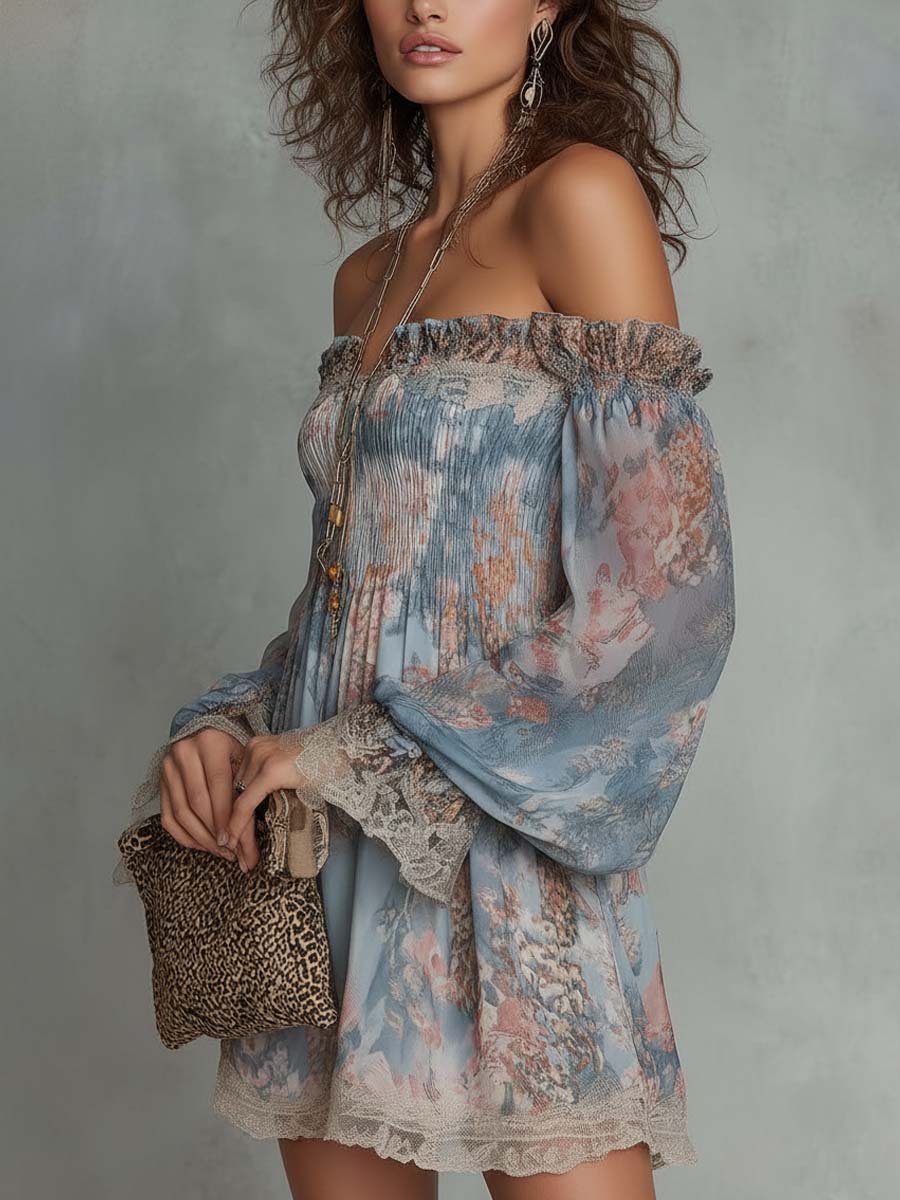 Romantic Floral Off-Shoulder Ruched Mini Dress