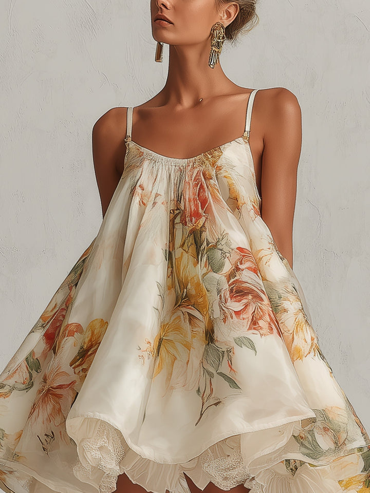 Beige floral organza A-line mini dress with lace trim