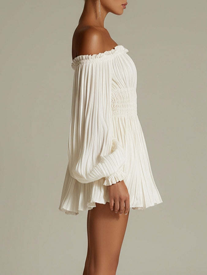White off-shoulder ruched smocked-waist mini dress