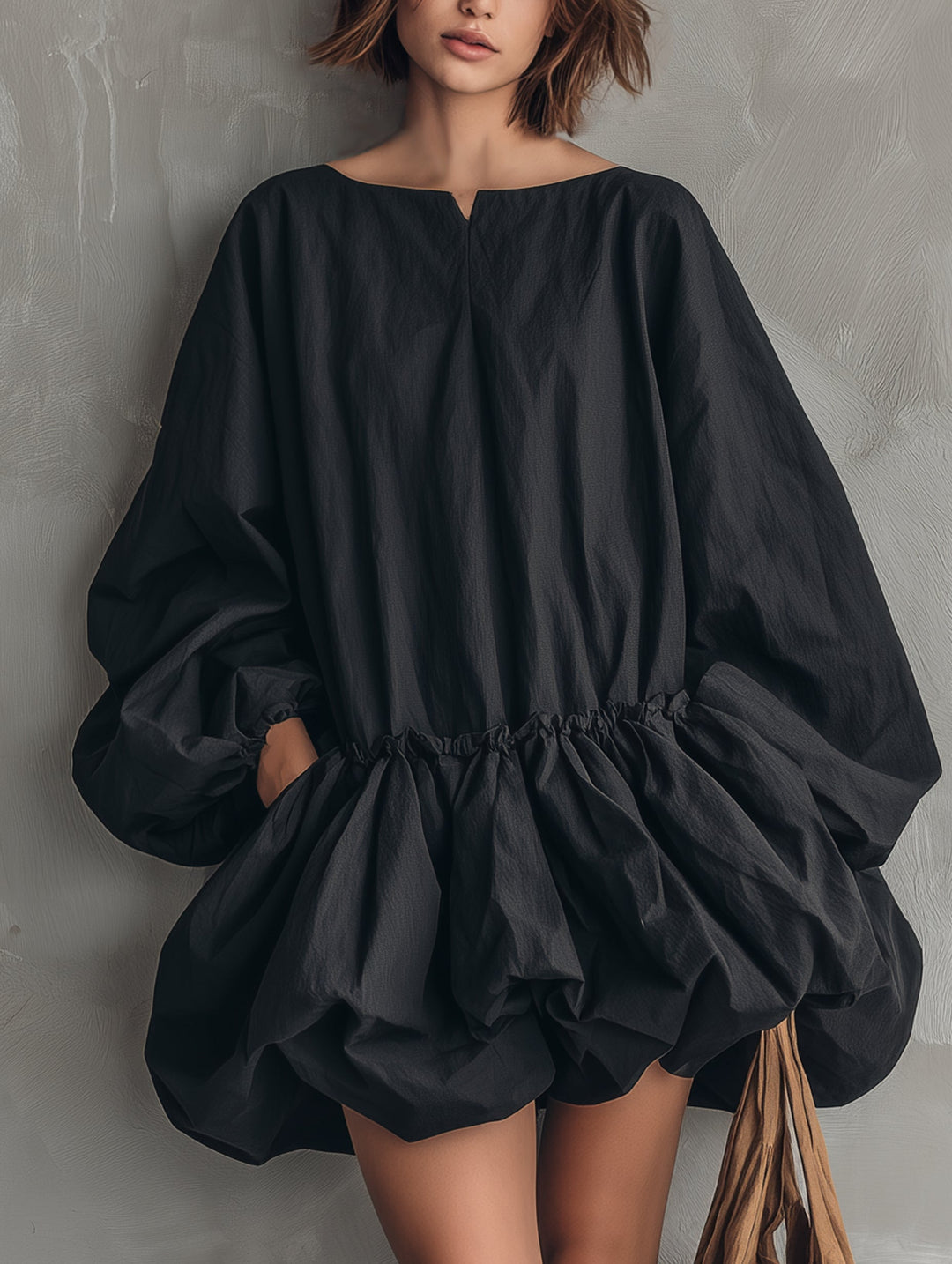 Casual Round-Neck Long-Sleeve Mini Dress with Ruffled Hem