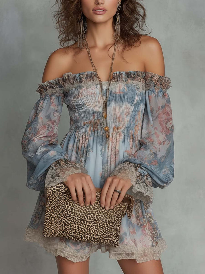 Romantic Floral Off-Shoulder Ruched Mini Dress
