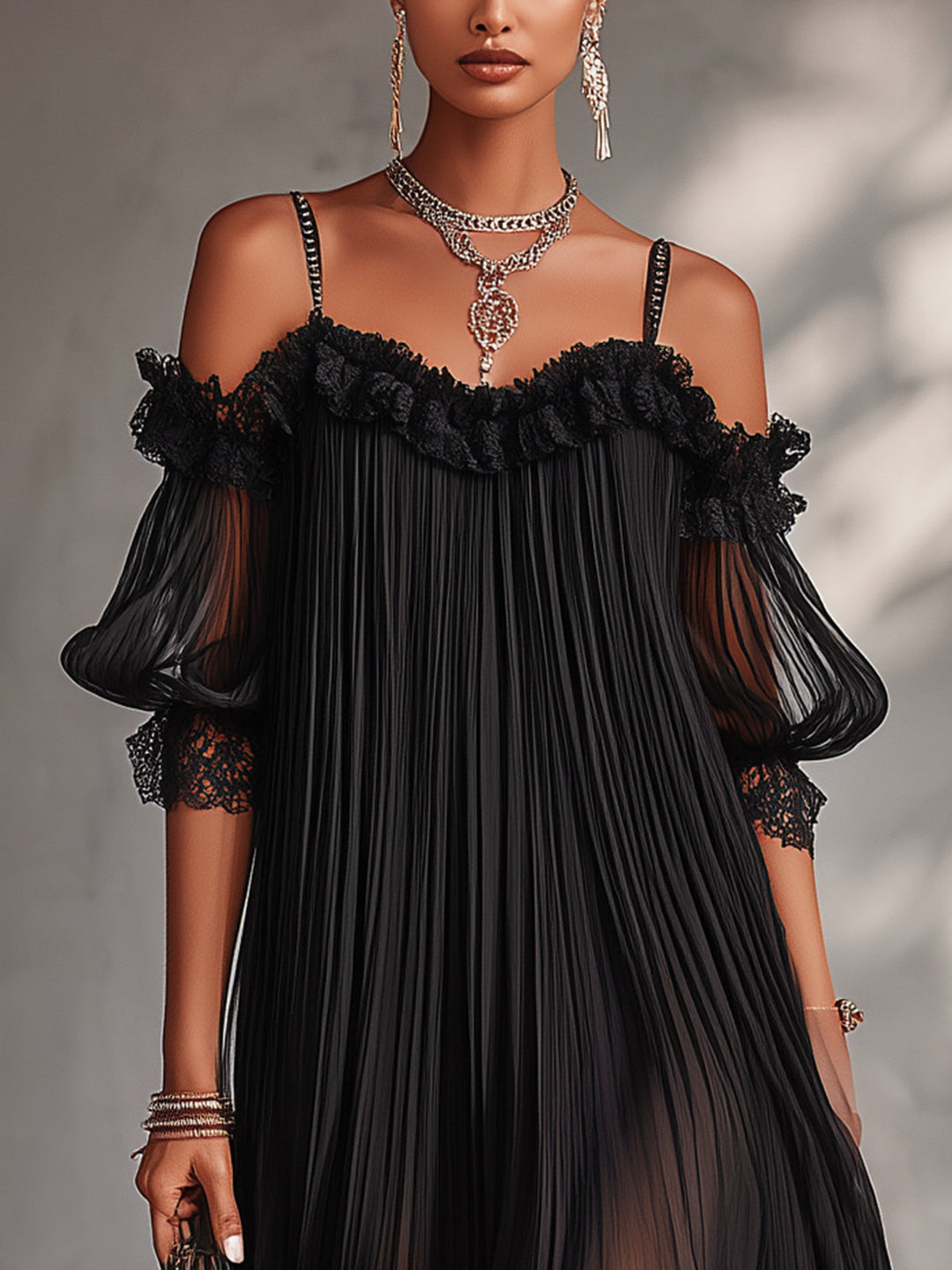 Black Off-Shoulder Mini Dress with Lace Trim