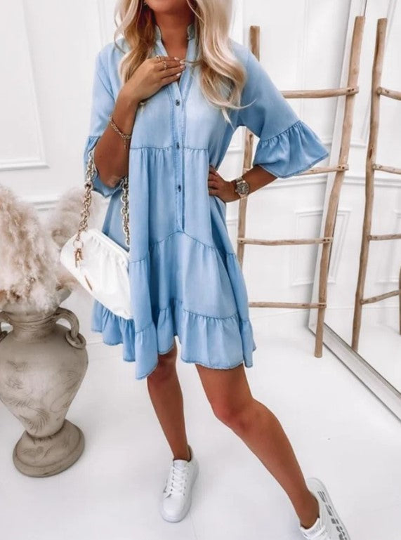 Solid-Color Washed Cotton A-Line Midi Denim Dress with Half Sleeves