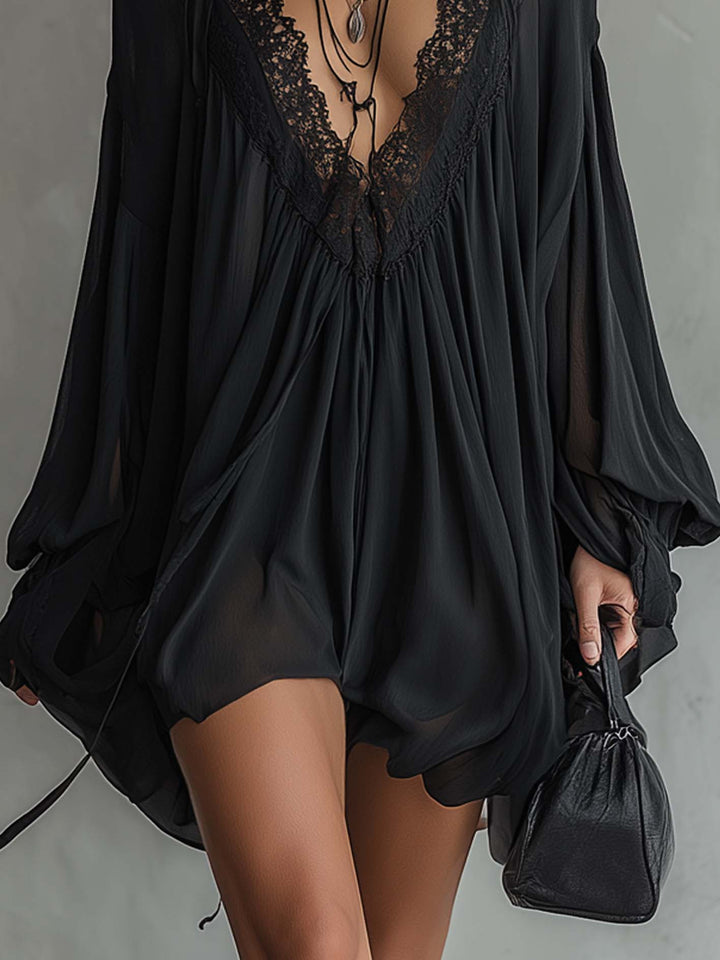 Black Chiffon Halter Mini Dress With Lace Neckline