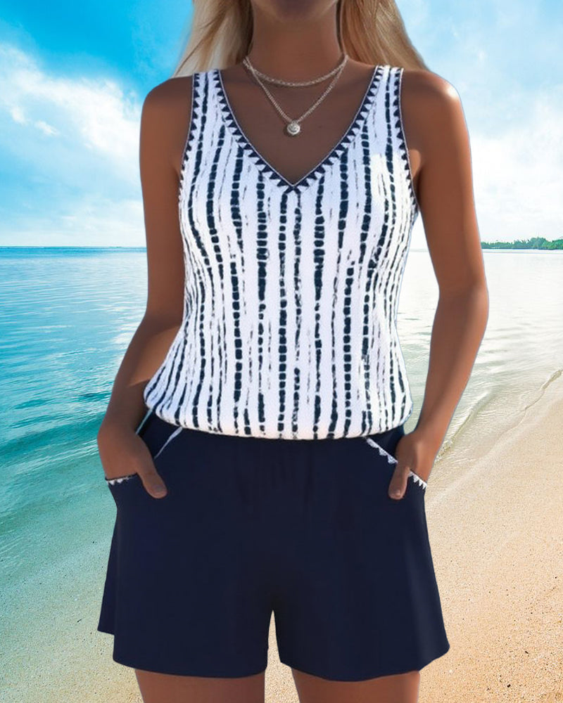 Mia™ | Casual Two Piece Printed V-Neck Swimsuit with Pockets