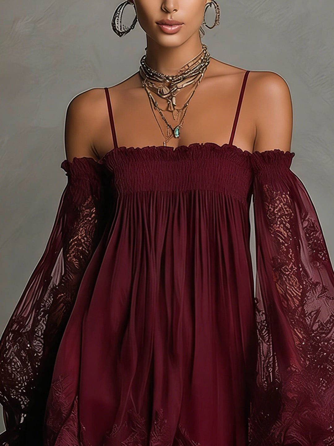 Noemi | Mini dress in navy blue chiffon with off-the-shoulder neckline, lace trim, and sheer sleeves