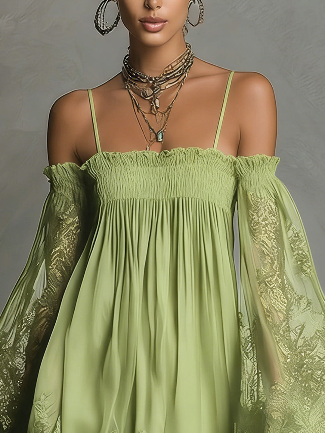 Noemi | Mini dress in navy blue chiffon with off-the-shoulder neckline, lace trim, and sheer sleeves