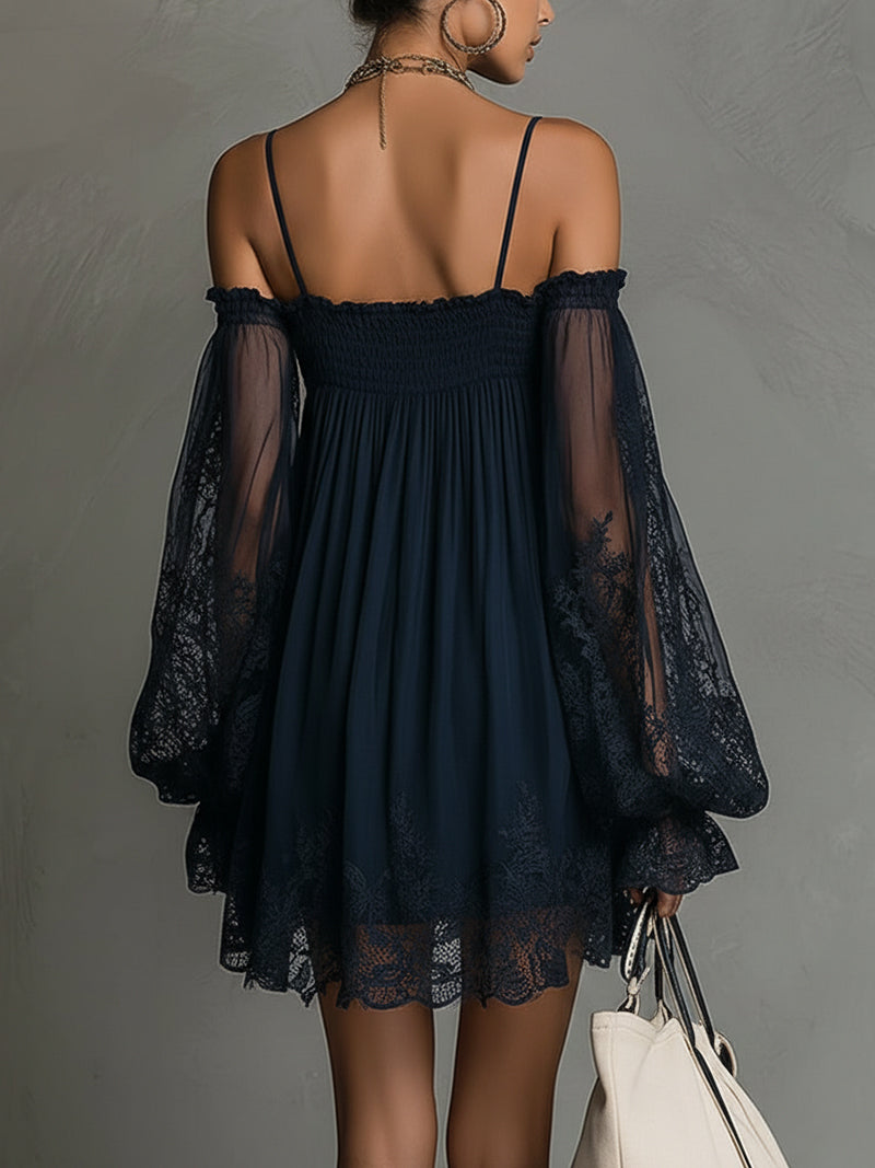 Noemi | Mini dress in navy blue chiffon with off-the-shoulder neckline, lace trim, and sheer sleeves
