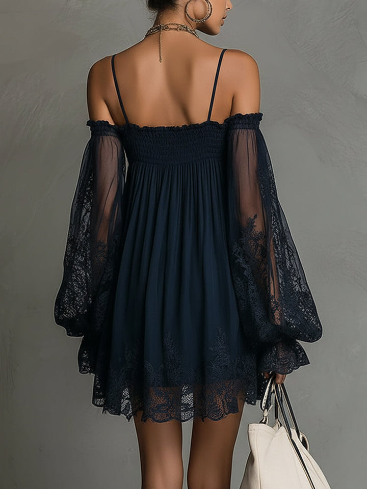 Noemi | Mini dress in navy blue chiffon with off-the-shoulder neckline, lace trim, and sheer sleeves