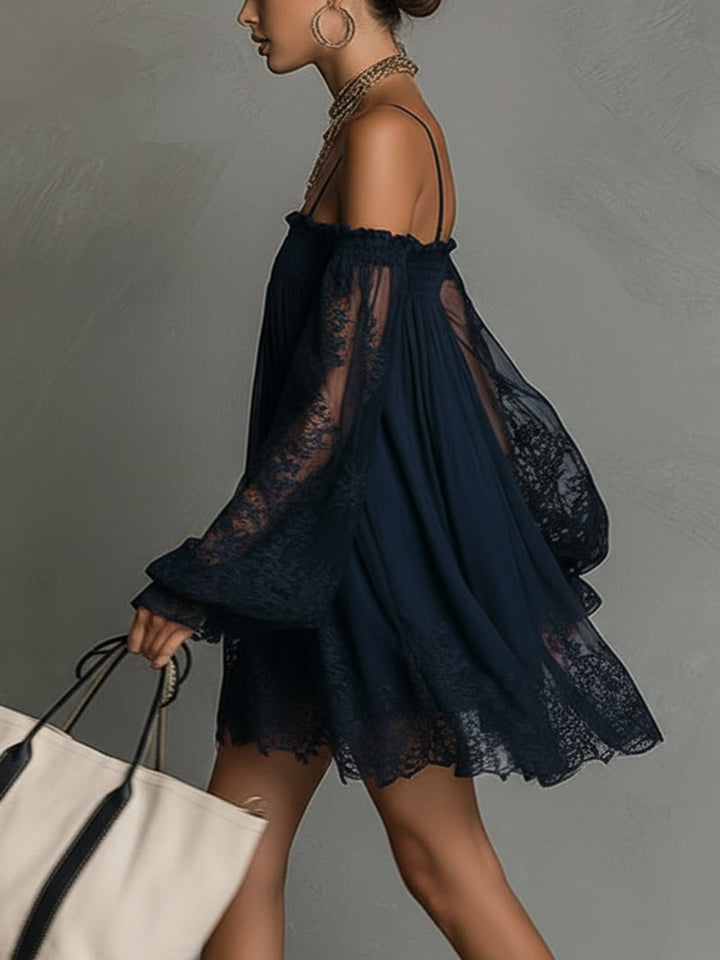 Noemi | Mini dress in navy blue chiffon with off-the-shoulder neckline, lace trim, and sheer sleeves