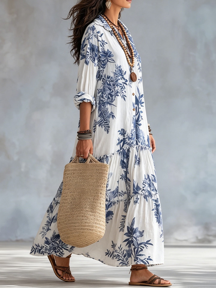 Dahlia™ | Bohemian Blue Floral Button-Down Tiered Maxi Dress