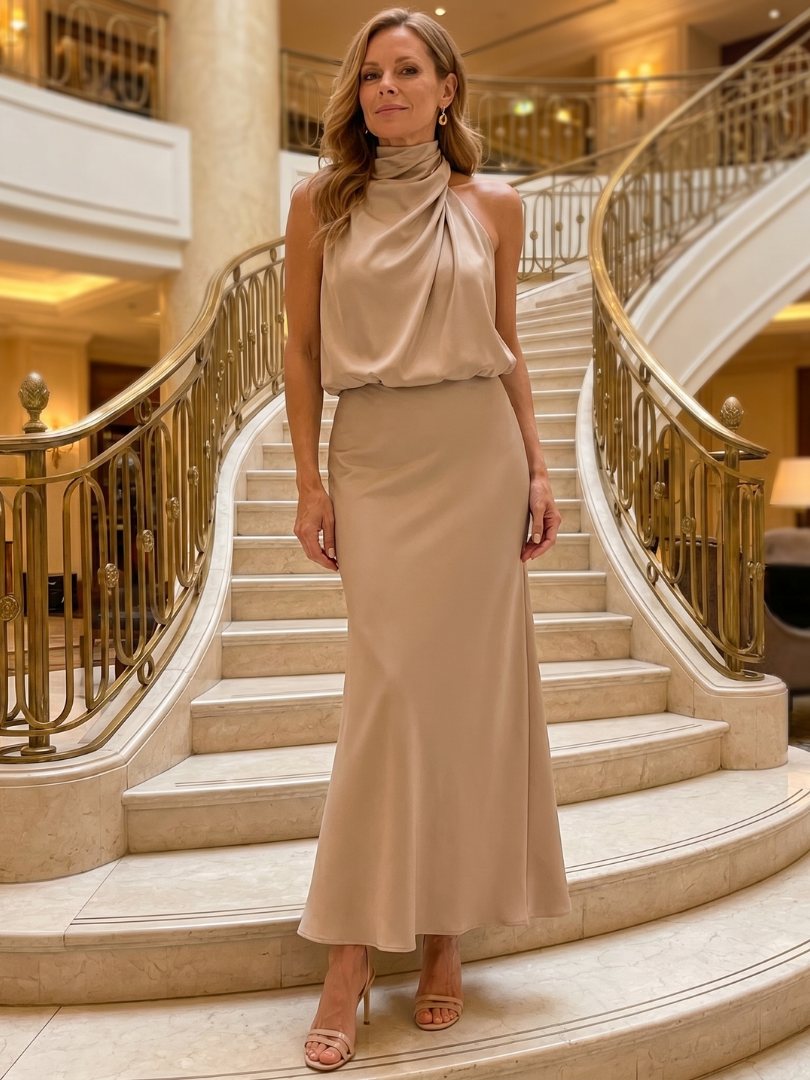 Nopal™ Sleeveless Draped Neck Midi Dress