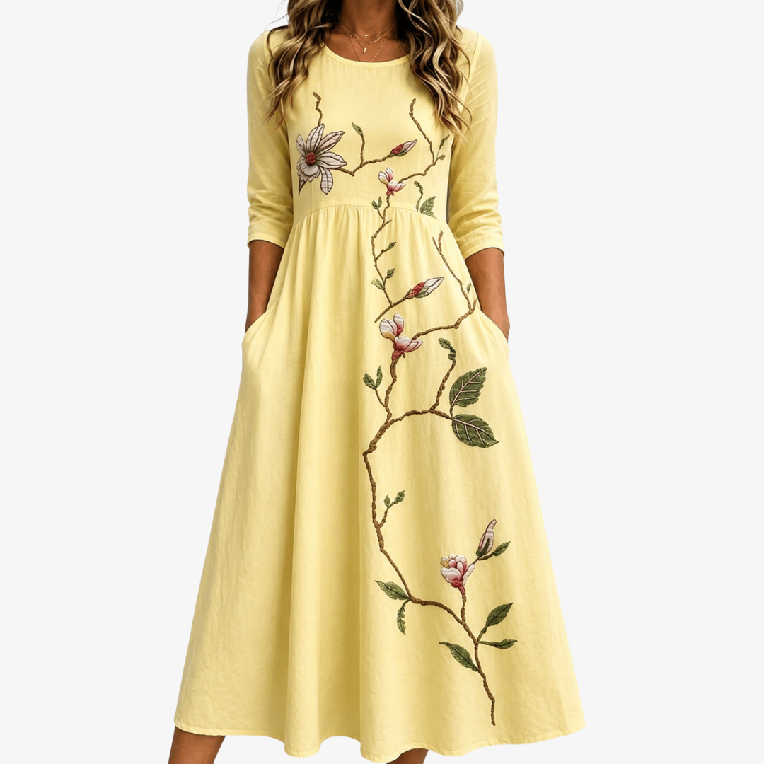 Golden Blossom Pocket Midi Dress