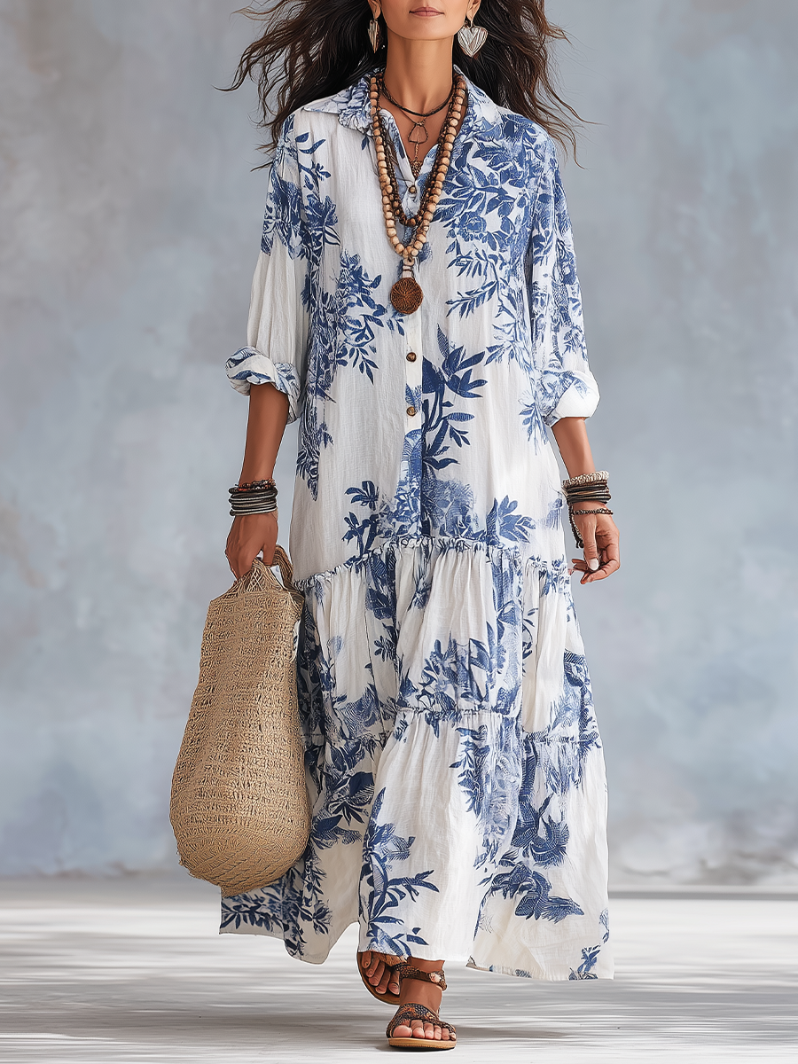Dahlia™ | Bohemian Blue Floral Button-Down Tiered Maxi Dress