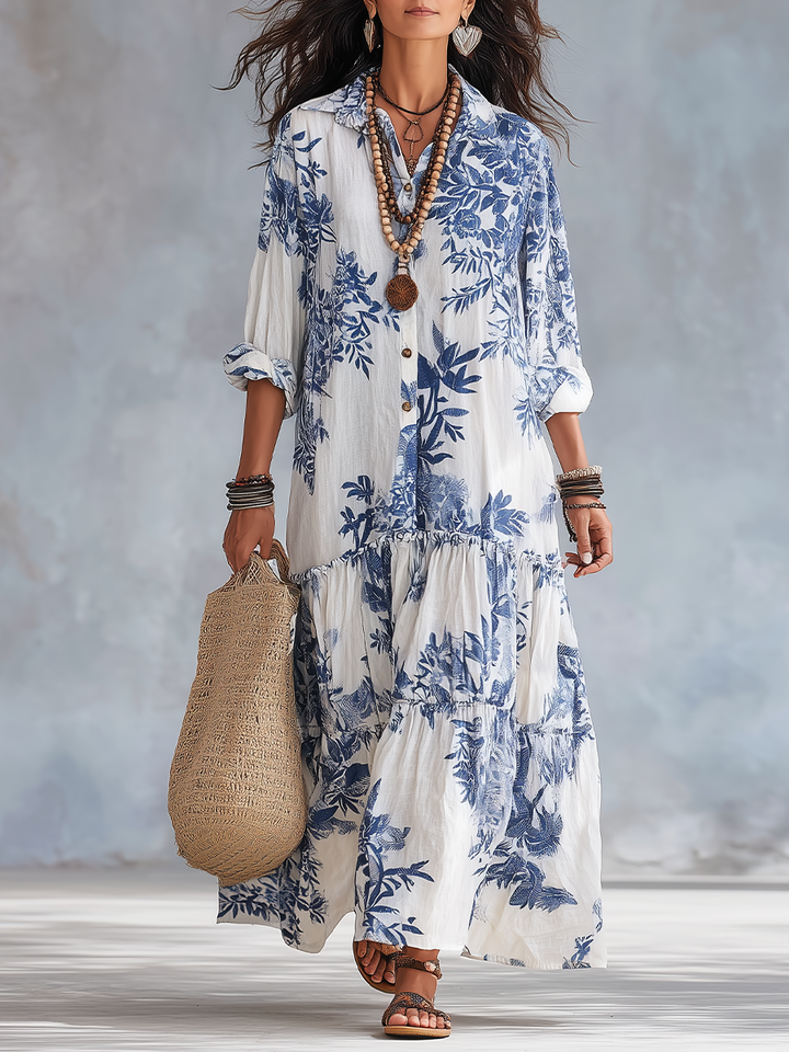 Dahlia™ | Bohemian Blue Floral Button-Down Tiered Maxi Dress