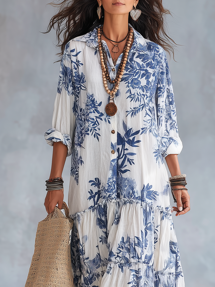 Dahlia™ | Bohemian Blue Floral Button-Down Tiered Maxi Dress