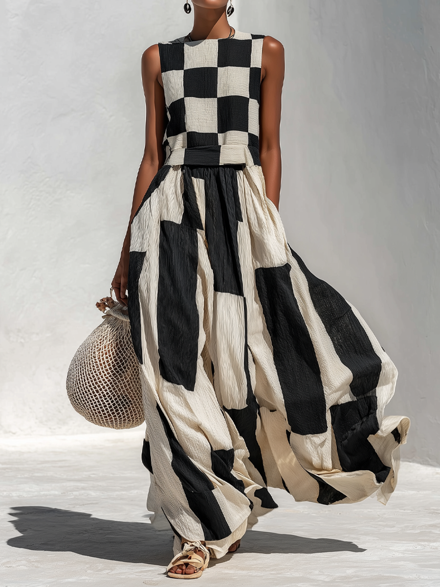 Ardenne™ | Plaid and Stripe Paneling Sleeveless Maxi Dress