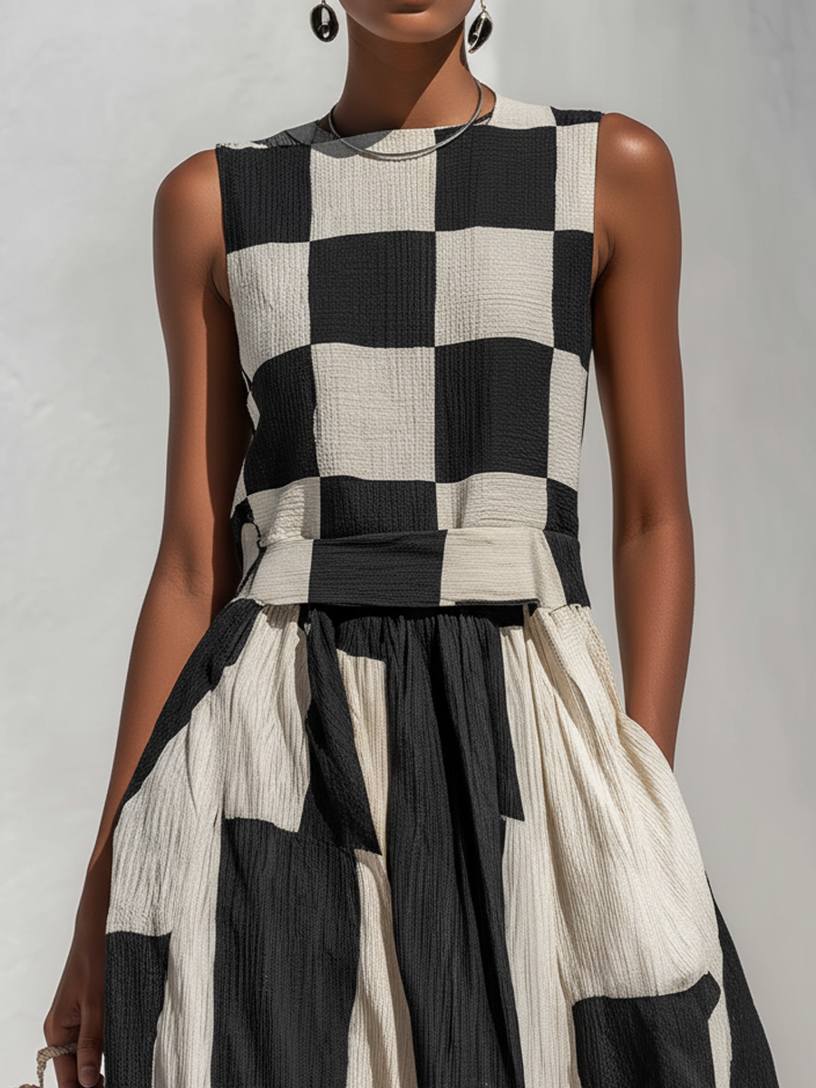 Ardenne™ | Plaid and Stripe Paneling Sleeveless Maxi Dress