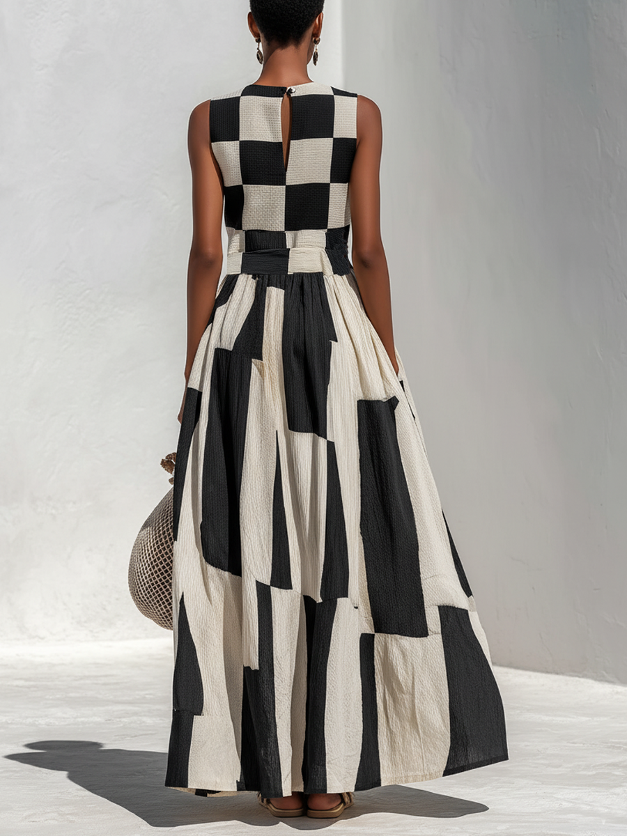 Ardenne™ | Plaid and Stripe Paneling Sleeveless Maxi Dress