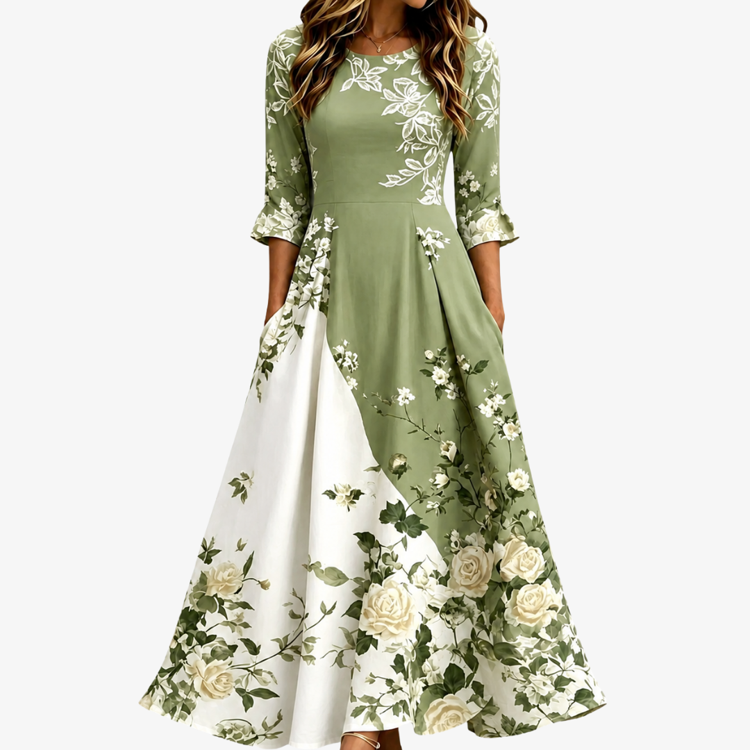 Sage Garden Rose Pocket Maxi Dress