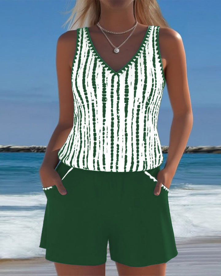 Mia™ | Casual Two Piece Printed V-Neck Swimsuit with Pockets