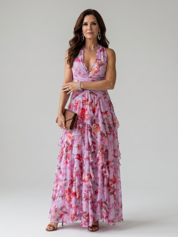 Nori™ Halter Neck Ruched Bodice Floral Maxi Dress