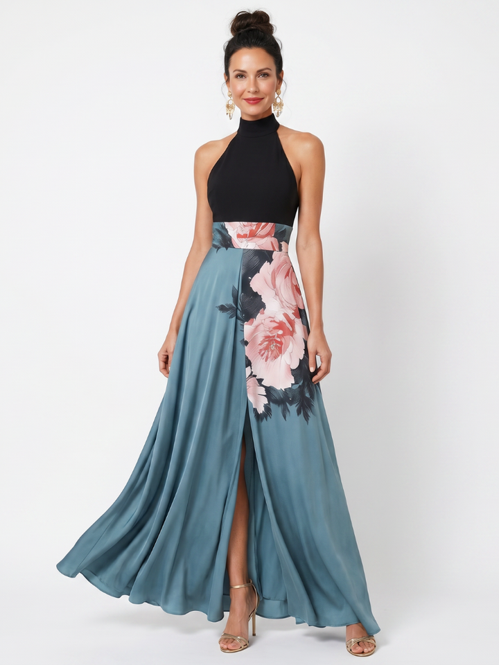 Olympas™ Halter Bodice Floral Skirt Maxi Dress
