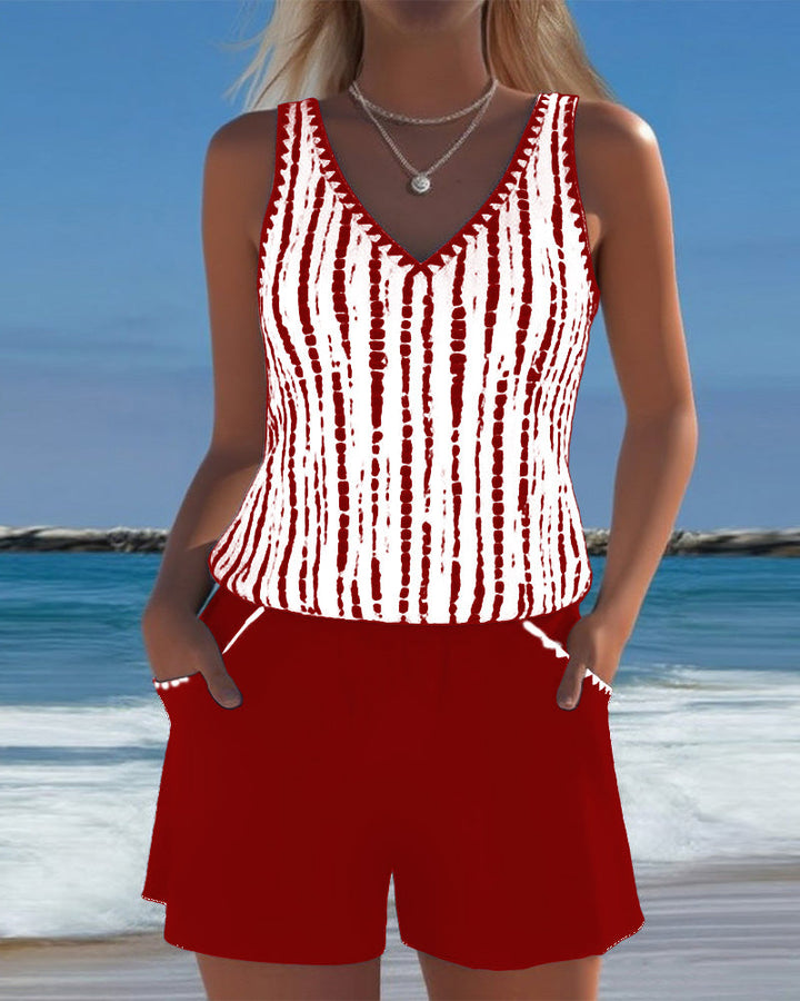 Mia™ | Casual Two Piece Printed V-Neck Swimsuit with Pockets