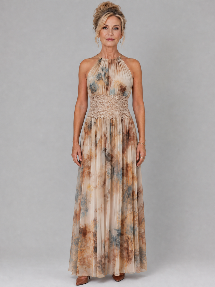 Elavenue™ Halter Neck Lace Waist Maxi Dress