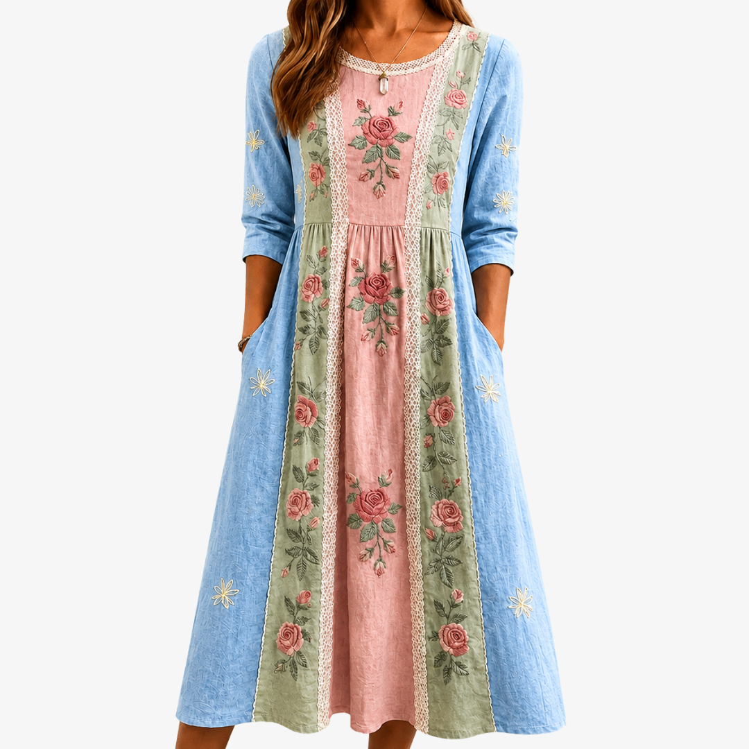Vintage Rose Garden Patchwork Pocket Dress