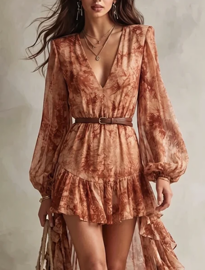 Terracotta Floral Print V Neck Long Sleeve High Low Mini Dress