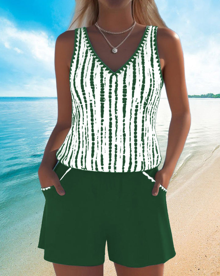 Mia™ | Casual Two Piece Printed V-Neck Swimsuit with Pockets