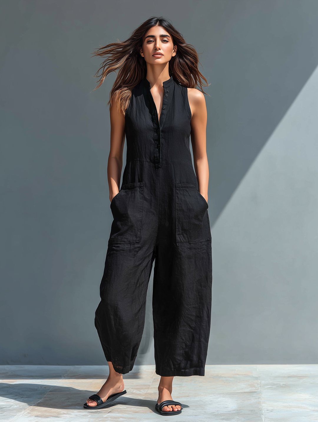 Sleeveless Jumpsuit for Women with High Collar and Buttons