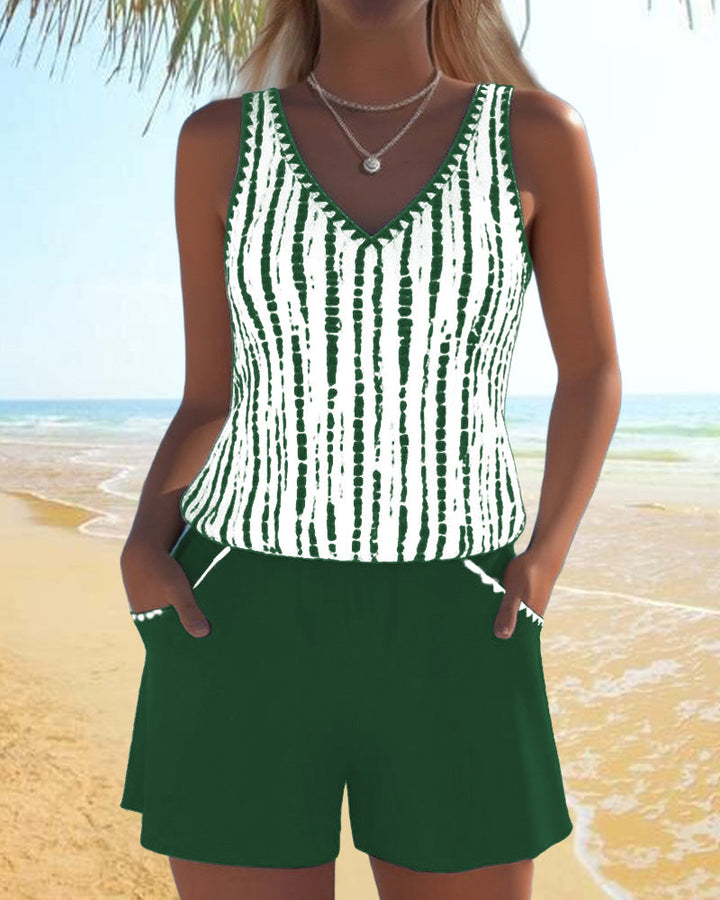 Mia™ | Casual Two Piece Printed V-Neck Swimsuit with Pockets