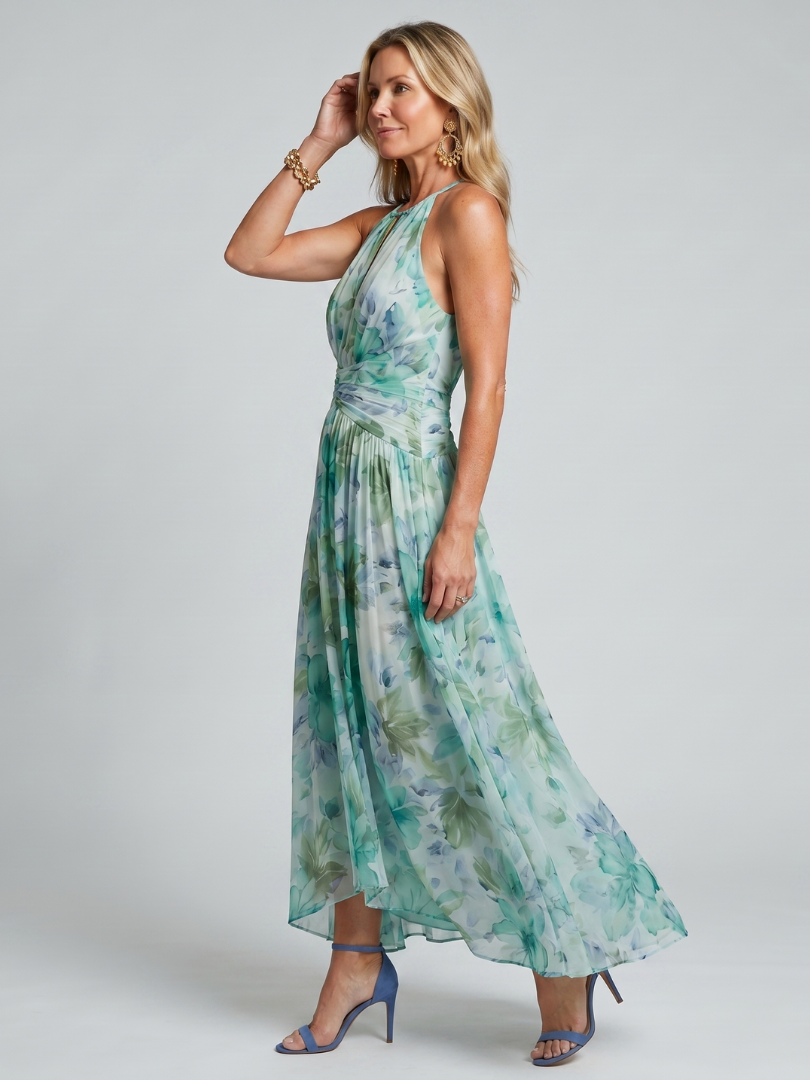 Portia™ Pleated Halter Soft Floral Pattern Midi Dress