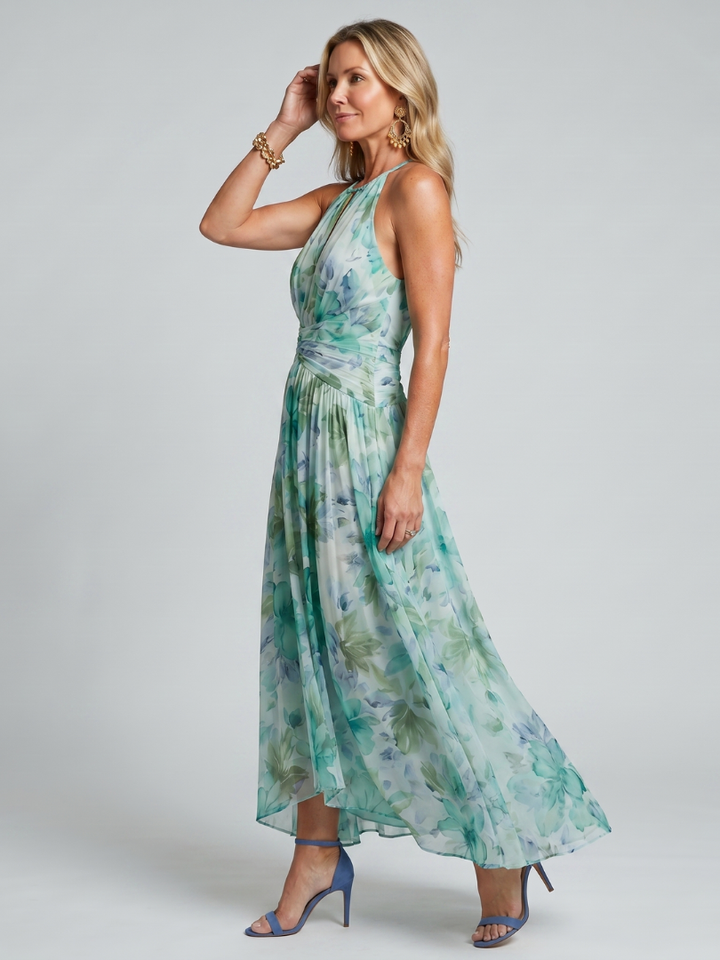 Portia™ Pleated Halter Soft Floral Pattern Midi Dress