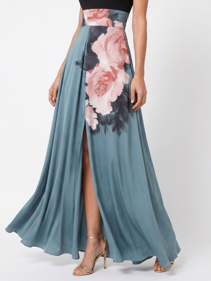 Olympas™ Halter Bodice Floral Skirt Maxi Dress