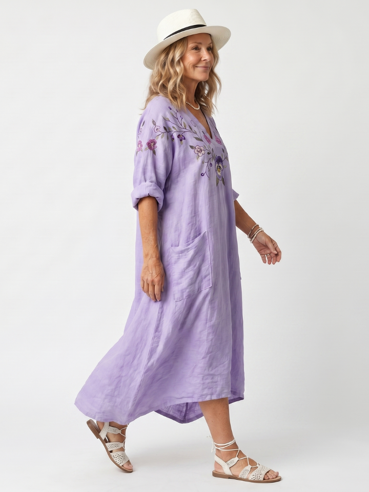 Tavi | Floral Embroidered Oversized Pocket Midi Dress