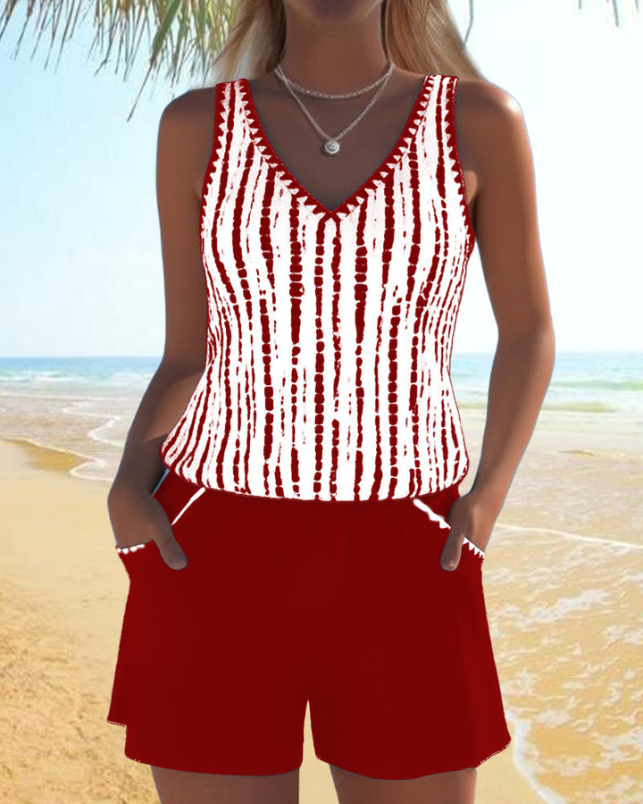 Mia™ | Casual Two Piece Printed V-Neck Swimsuit with Pockets